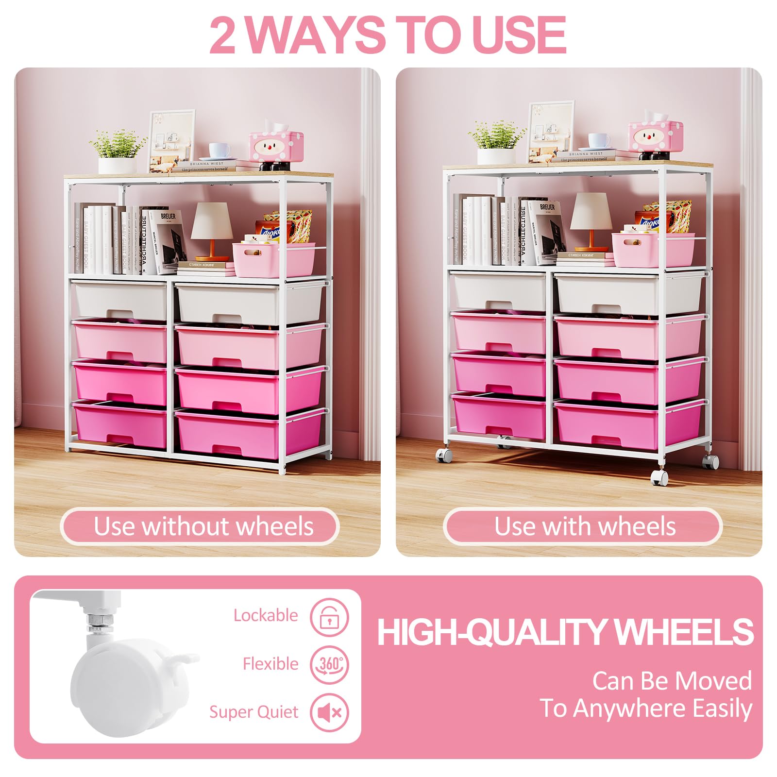 SYKIARIOL Carrello a rotelle con 8 cassetti, multiuso in metallo, per ufficio, cucina, bagno, soggiorno, ruote bloccabili, rosa