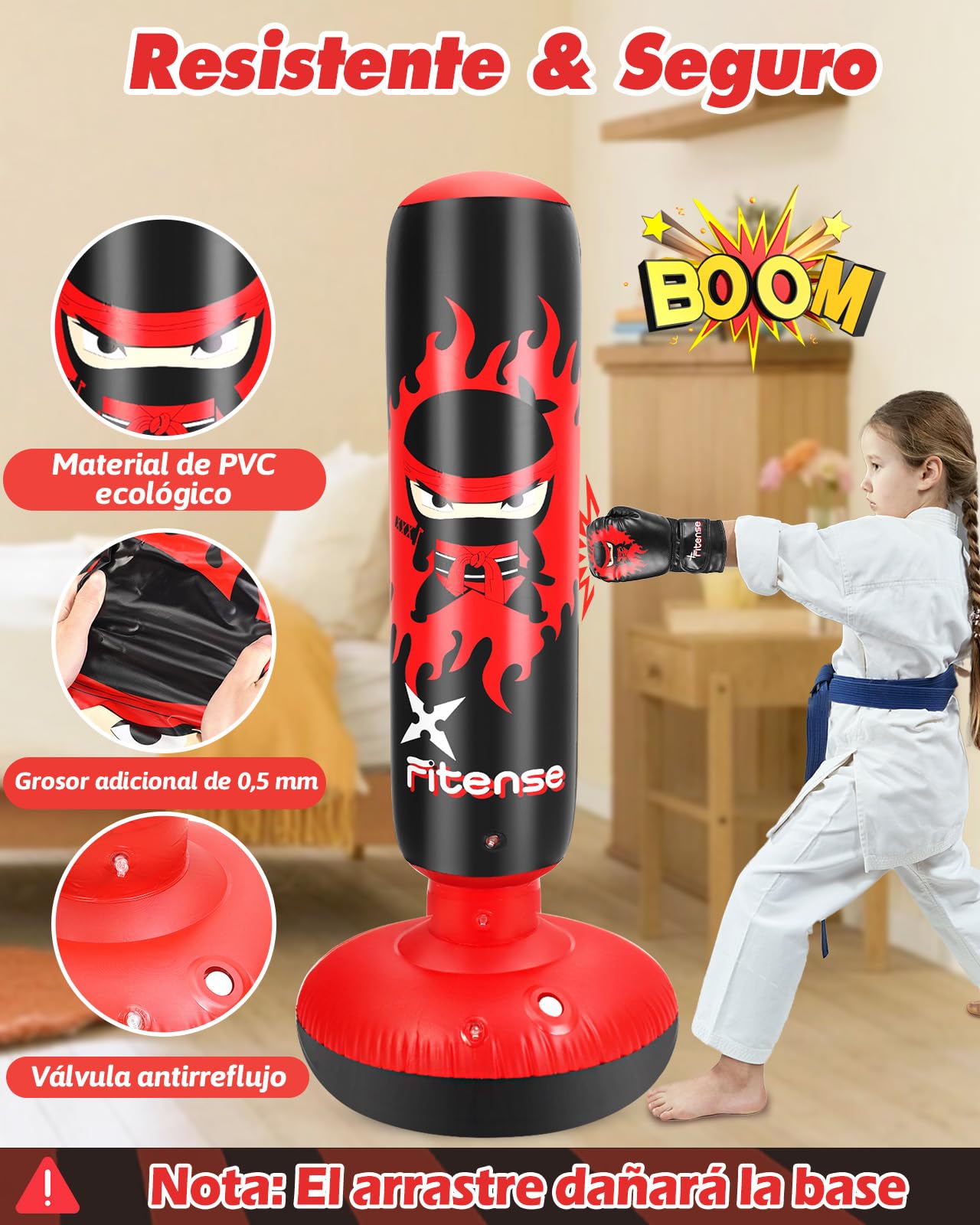 Fitense Saco de Boxeo Niños, 160cm Boxeo Saco Inflable con Guantes y Bomba, Punching Ball Estable para Niños y Niñas, Set Regalo Saco de Boxeo de Pie para Práctica de Karate, Taekwondo, MMA,Rojo Ninja