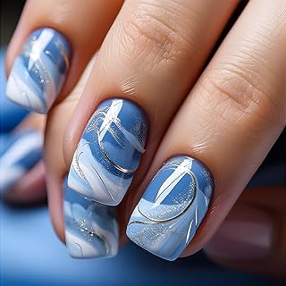 24 Stück Square Kurz Künstliche Nägel - Blaue Wellen Glitzer Nagelspitzen, full cover false Fingernägel, wiederverwendbare fake näils mit klebenägel - Geeignet DIY Nageldesign für Frauen