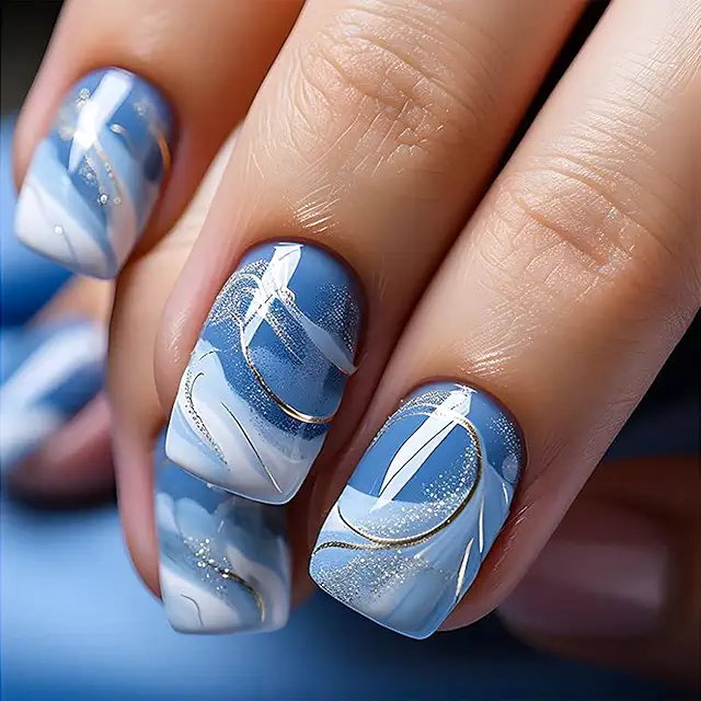Virellay Blaue Glitzer French Nails - 24 Stück Square Kurz Kunstnägel