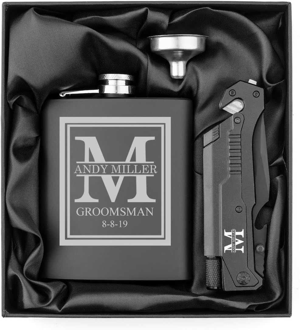 Custom Initial Deluxe Engraved 7oz Stainless Steel Flask Funnel Tactical Rescue Knife Gift Box Set Personalized
