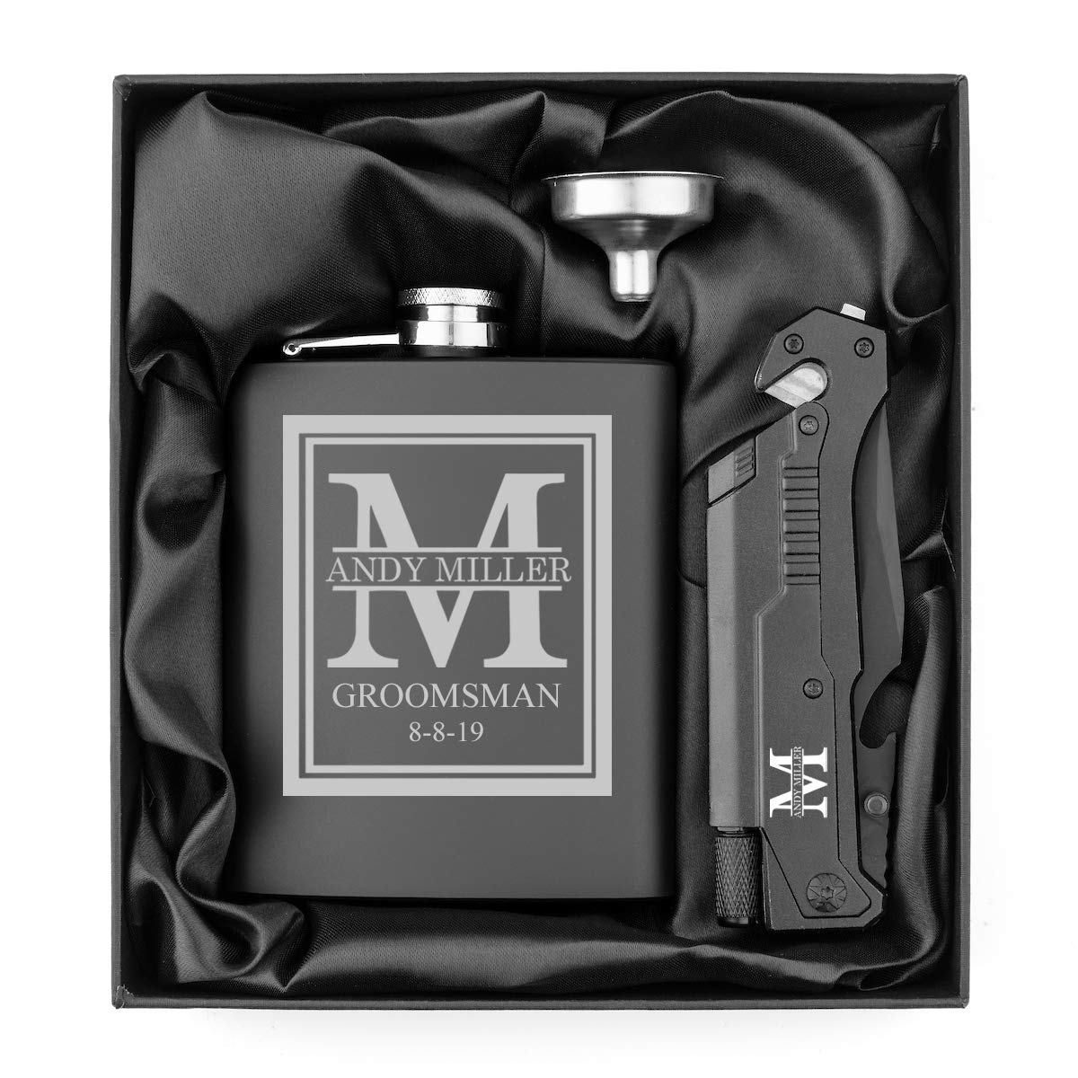 Custom Initial Deluxe Engraved 7oz Stainless Steel Flask Funnel Tactical Rescue Knife Gift Box Set Personalized