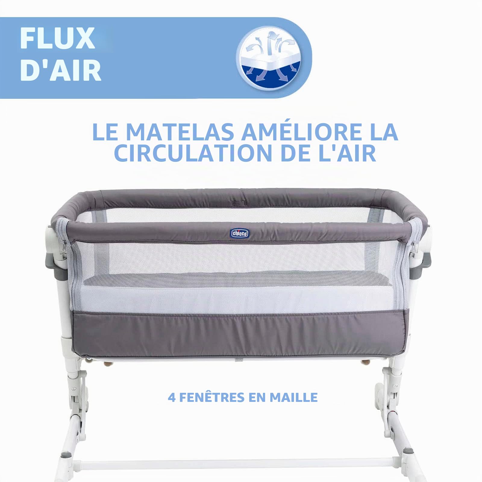 Chicco, Next2Me Pop Up Grey Mist Cododo, Lit d'Appoint pour Bébé, Hauteur Réglable, Inclinable, Facile à Installer et Transporter, Sac de Voyage Inclus, 6 Mois-9 kg, Atmosphere