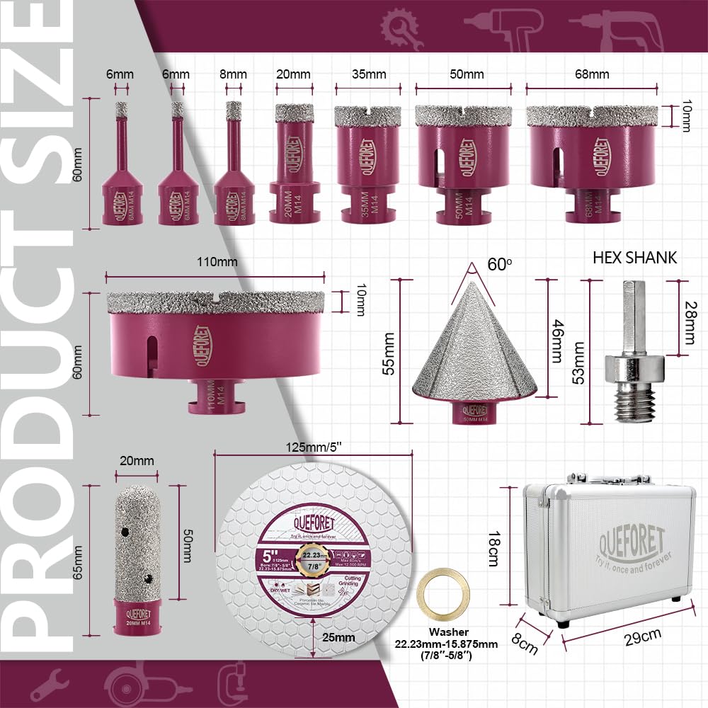 Diamant Fliesenbohrer Set 12 Stücke - 6/6/8/20/35/50/68/110mm x M14 Bohrkronen, 20mm Fingerfräser, 50mm Fasenfräser, Adapter, 125mm Schleifscheibe für Fliesen Keramik Porzellan Marmor Granit