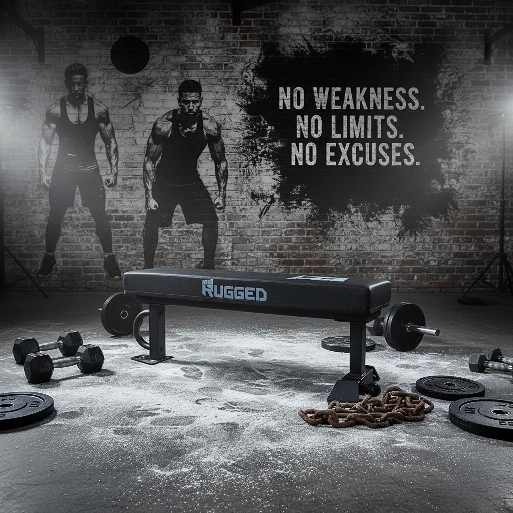 RUGGED STRENGTH Flat Weight Bench - 47” Heavy Duty 2x3” Steel Frame, 3.5” Thick Cushion, 1500 LB Capacity – Commercial Grade Workout Bench for Home Gym & Strength Training