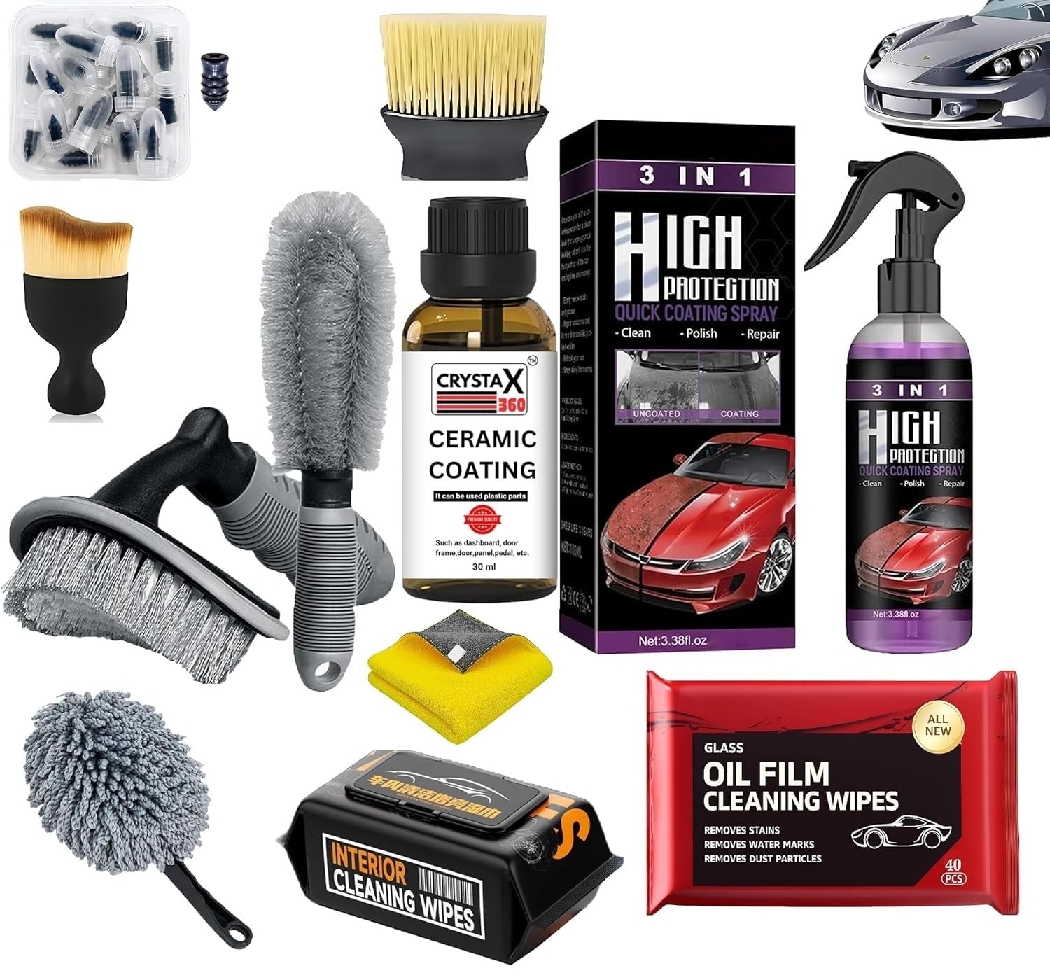 COOFANDY 11-Piece Professional Car Detailing Kit 3-in-1 High Protection Coating Spray 360 Plastic & Trim Restorer Glass Cleaning Wipes, Car Polish & Protection Kit for Cars, Bikes & SUV-image-40