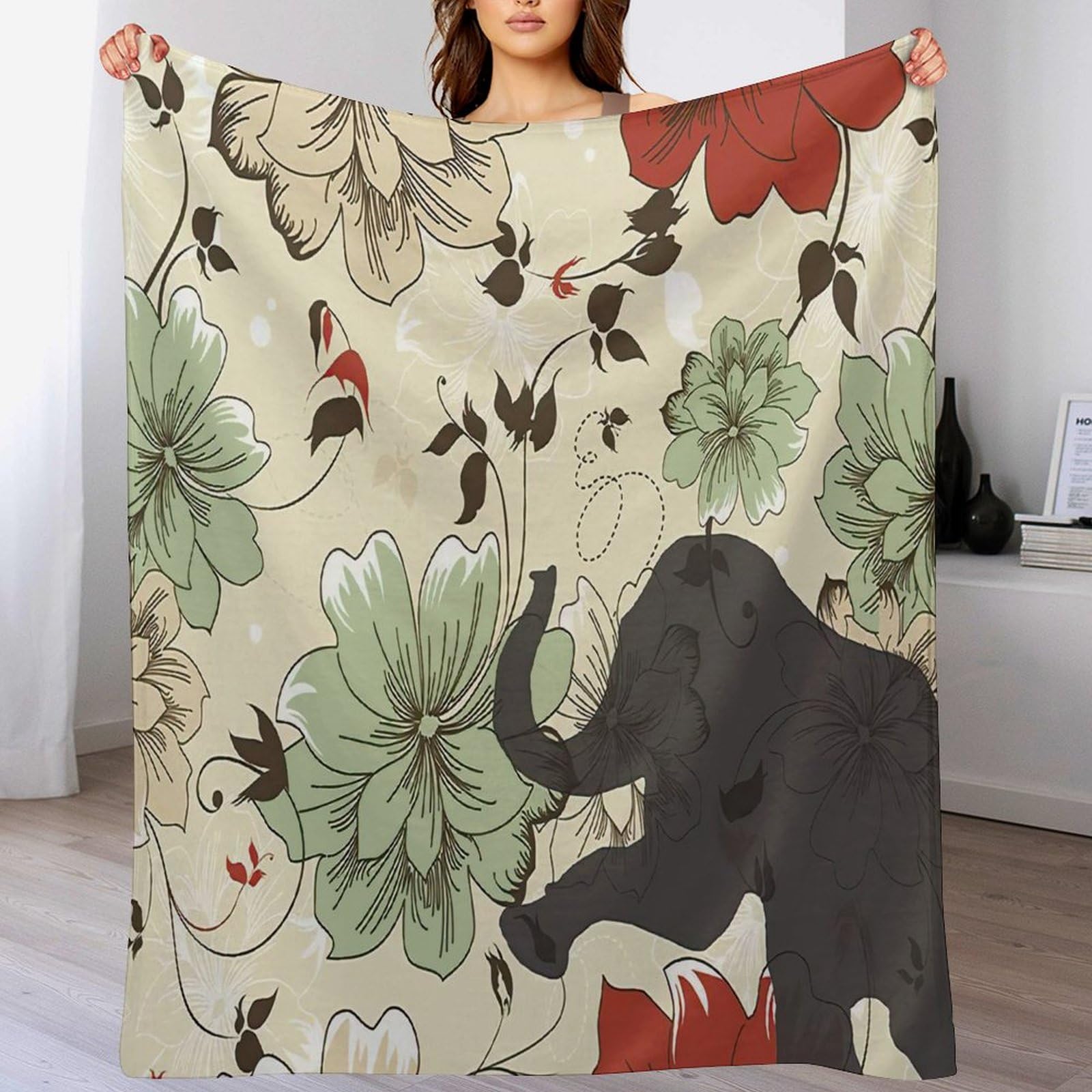 Couverture polaire éléphant bohème 178x203cm plaid aquarelle chaud et léger pour déco salon