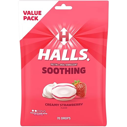 HALLS Throat Soothing Creamy Strawberry Throat Drops, 70 Drops