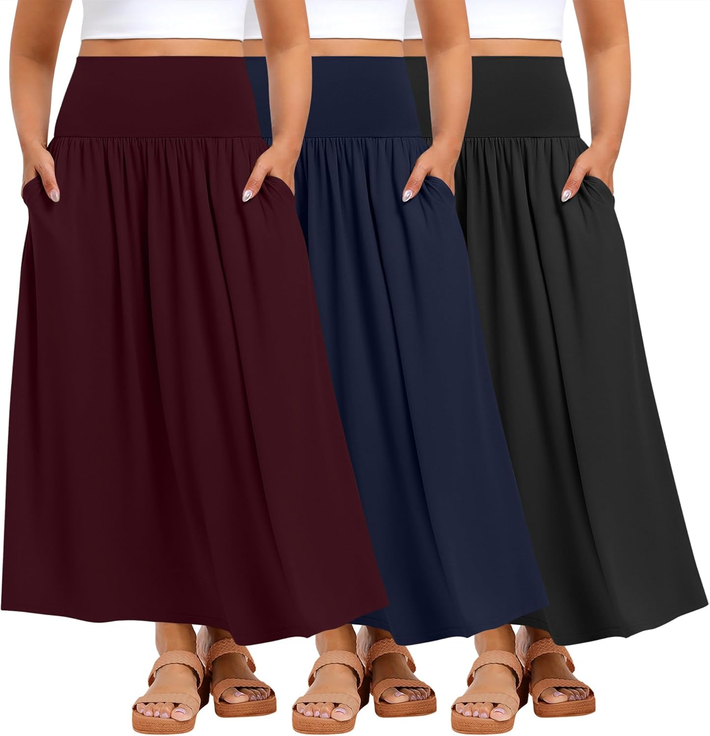 Ficerd 3 Pack Plus Size Maxi Long Skirts for Curvy Women, Ankle Length a Line Pleated High Waisted Summer Skirts with Pocket