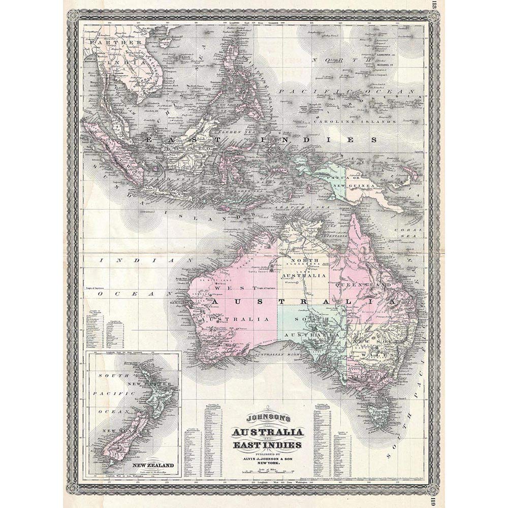 Wee Blue Coo 1870 Johnson Map Australia East Indies Southeast Asia Art Print Poster Wall Decor 12X16 Inch