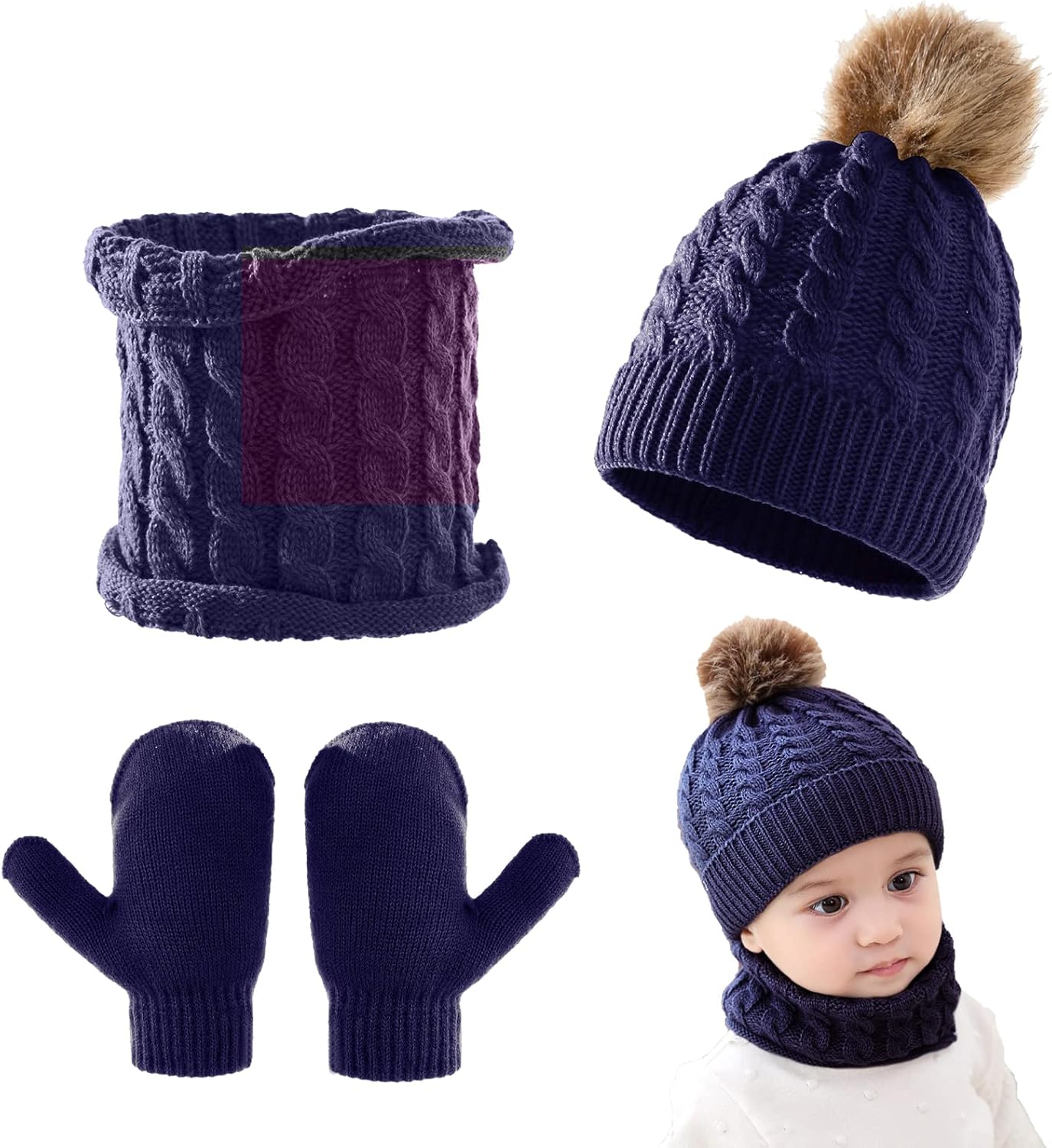 Kids Winter Beanie Hat Scarf Gloves Set - Knit Warm Toddler Set With Pom Poms For Boys & Girls 1-8 Years
