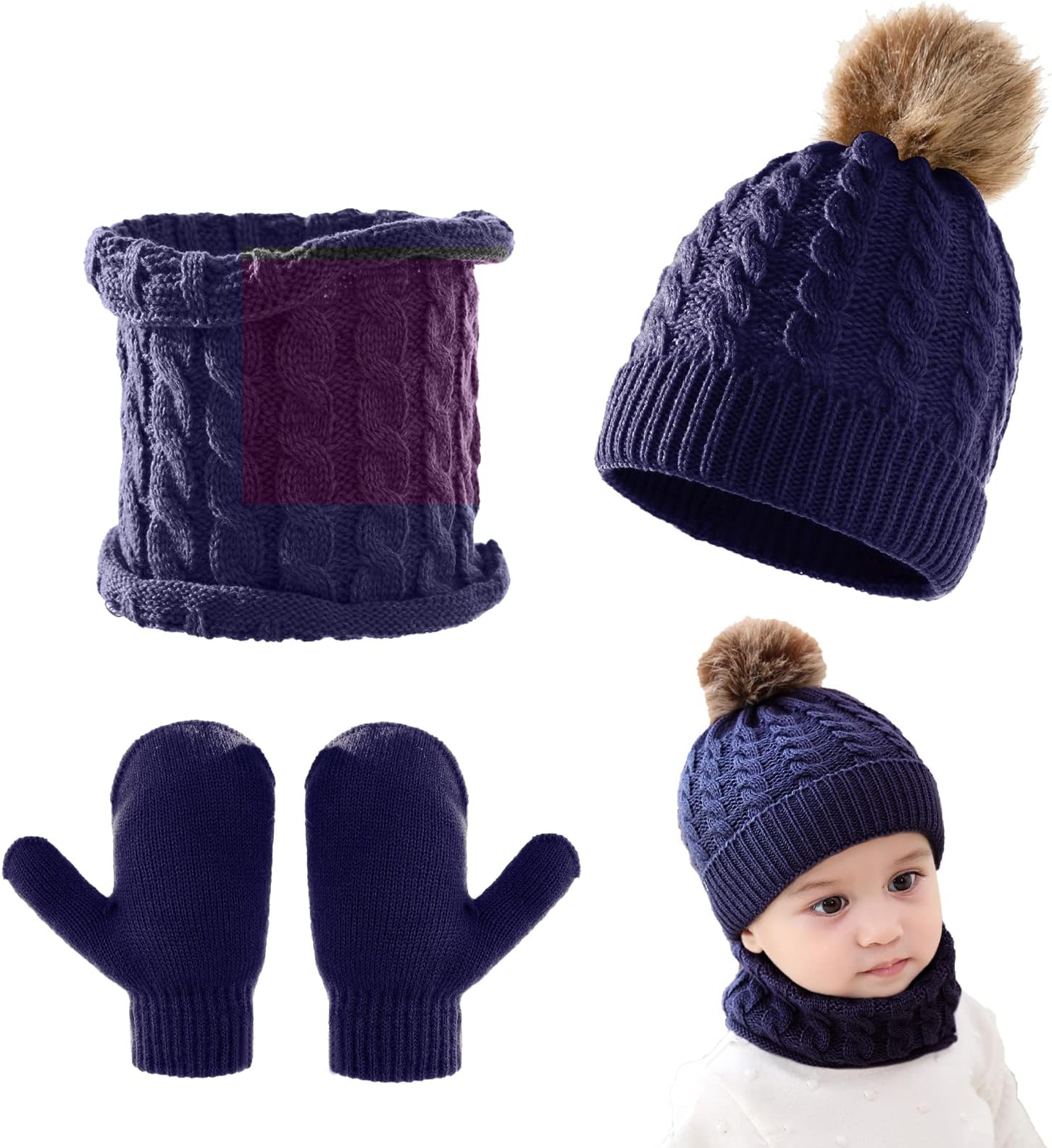 3Pcs Baby Beanie Hat Scarf Gloves Set Infant Knitted Cap Winter Warm Gloves Toddler Neck Warmer for Boys Girls 0-3 Years