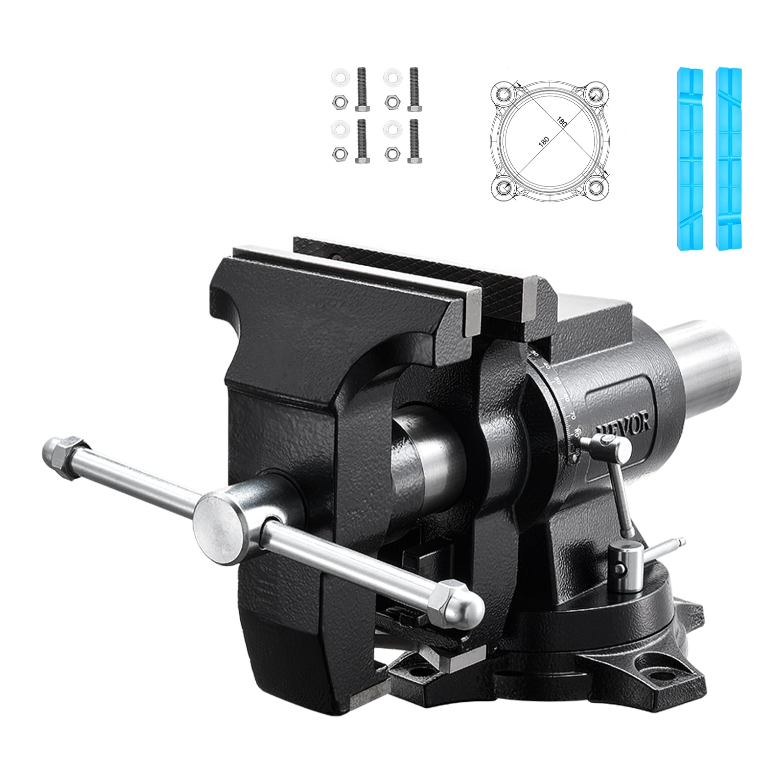 VEVOR Morsa da Banco Taglio Foratura Testa Base Girevole Larghezza 140 mm, Morsa da Tavolo Rotante Base in Ghisa Sferoidale Profondità Gola 70 mm, Apertura Ganasce 125 mm, Forza Serraggio max 25 kN