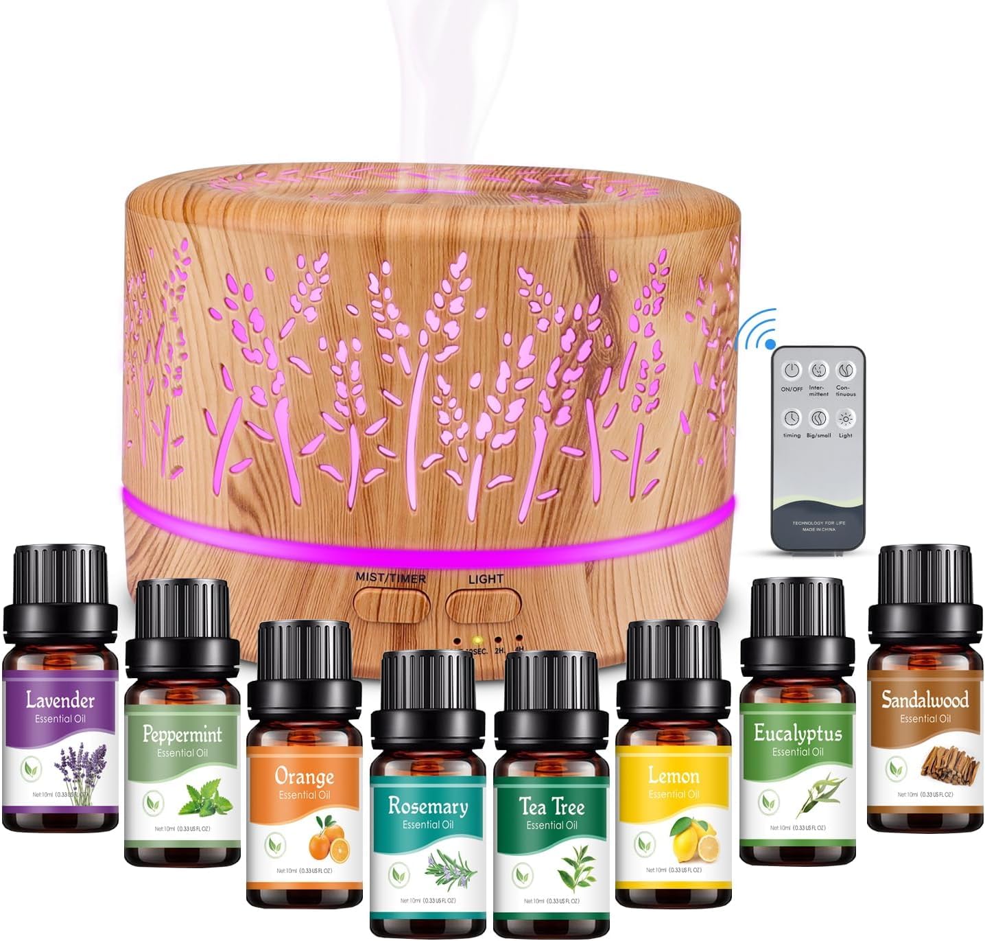 Dyfuzor aromatu 500ml z zestawem olejków eterycznych 8x10ml, bez BPA, z timerem i oświetleniem LED, do domu biura spa