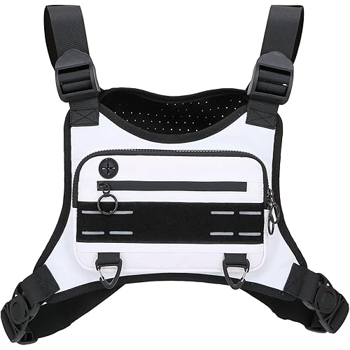 Sports Chest Bag For Men Women, Water Resistant Lightweight Front Chest Pack, Running Vest Bag With Built-In Phone Holder & Extra Storage For Workouts, Running, Cycling (White)