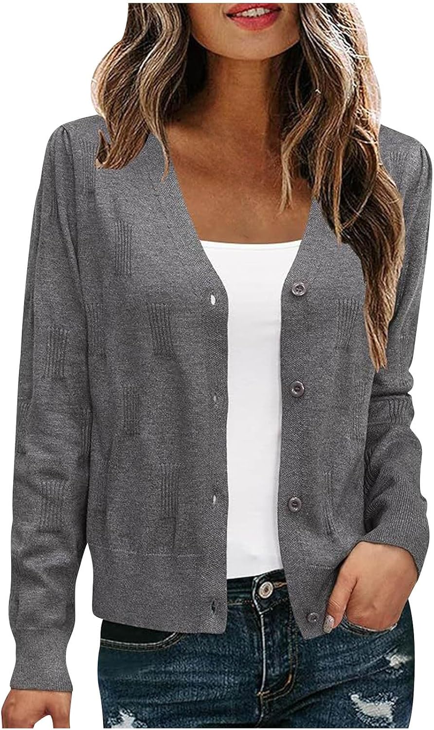 Cardigan Open Front Button Up Sweaters for Women Long Sleeve Shrug Top Solid Color Cropped Cardigan Jackets
