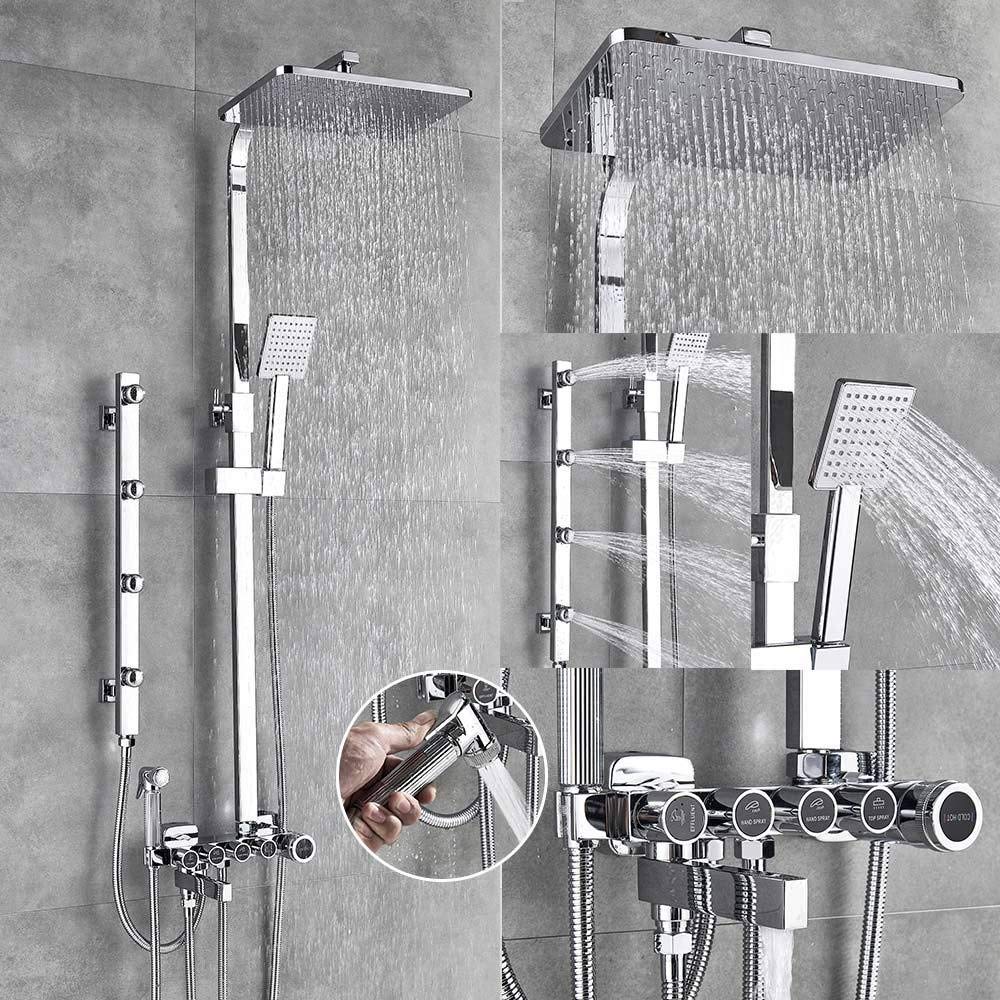 ASerZenith Shower Faucet Set 5-Function Switch Wall Mount Rain Shower Head with Hand Shower Bathtub Spout Bidet Tap Mixer-Black Gold(Chrome Silver)