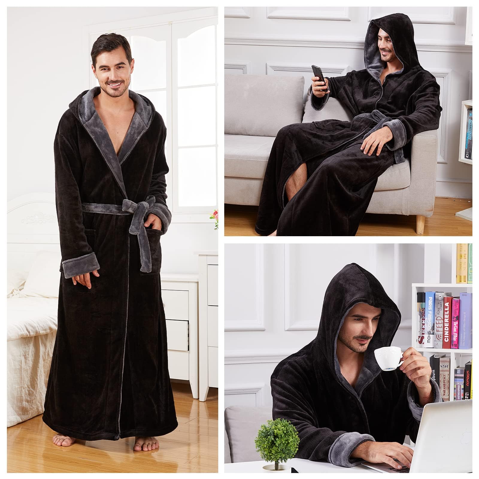 FashGudim Men's Hooded Plush Robe with Black Trim Full Length Plush Long Robe for Men Big and Tall Warm Fleece Bathrobes House Robes