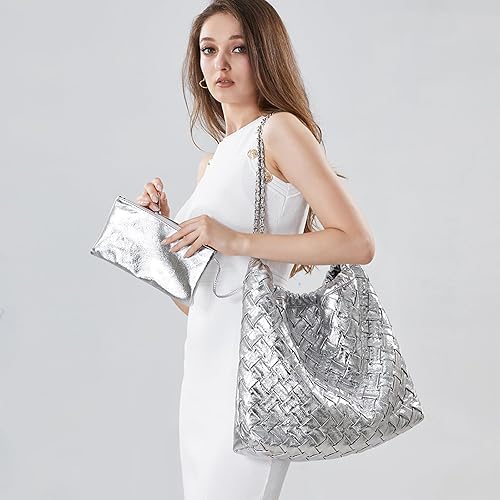 Miniatura 3 de Bolso de mano tejido para mujer, bolso de mano de cuero vegano, bolsos grandes con bolso, bolsa de hombro, estilo hobo casual