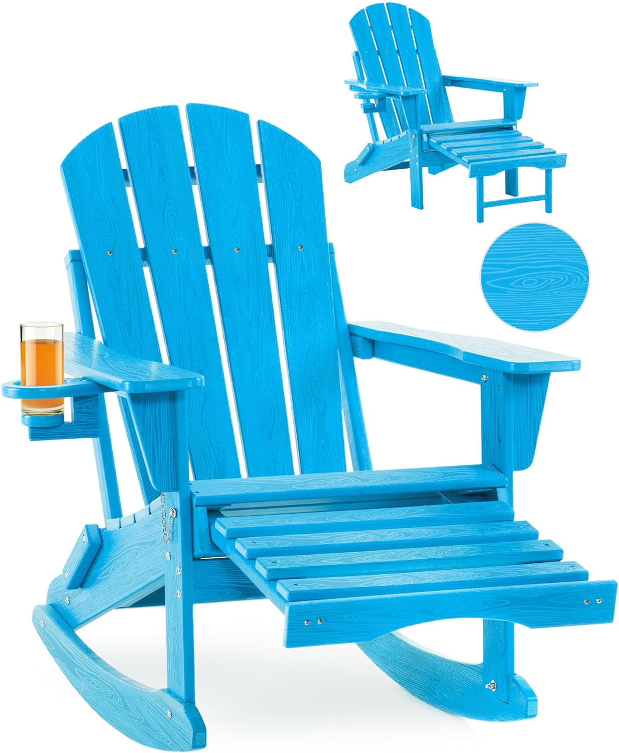Folding Adirondack Rocking Chair,4-in-1 Multifunctional Patio Chair with Retractable Ottoman, Outdoor Chair Wood Texture, Lawn Chair for Porch, Backyard, Pool(Pacific Blue)
