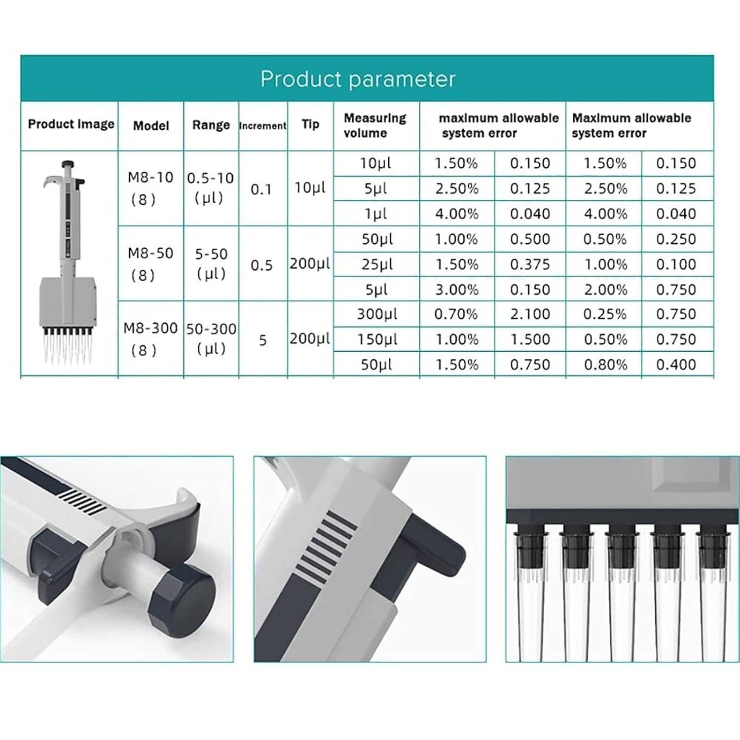Multichannel Pipette Lab Micropipette Manual Multi Channel Pipettes with Adjustable Volume, 8 Channels Pipette Autoclavable Pipetter (0.5-10μl)(50-300μl)