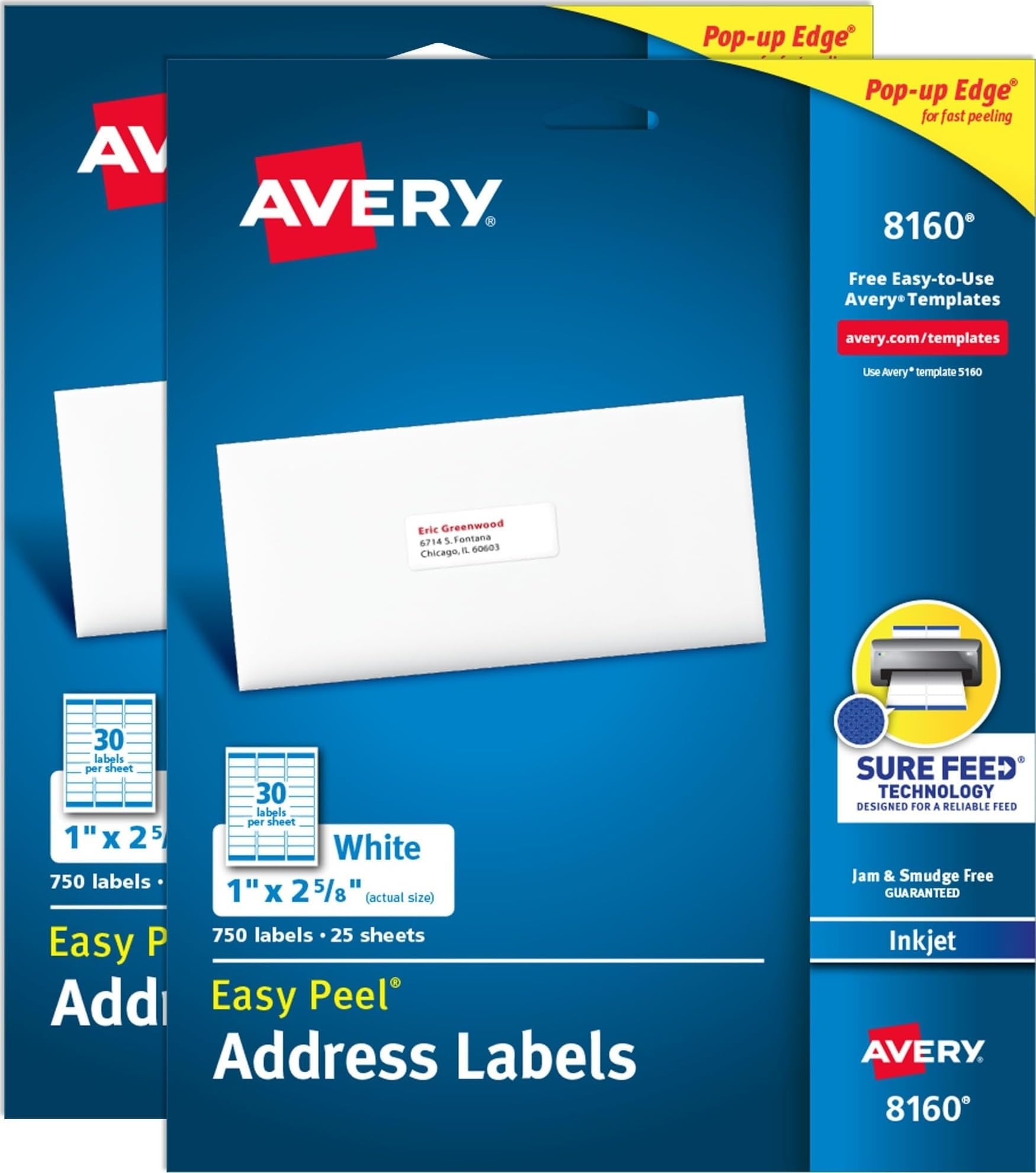 - Averyยฎ Easy Peelยฎ Printable Address Labels, Sure Feedยฎ Technology, 1" x 2-5/8" Customizable Stickers, White, 1,500 Blank Mailing Labels, Great for Mailing, Shipping, and More (2-Pack of 08160)