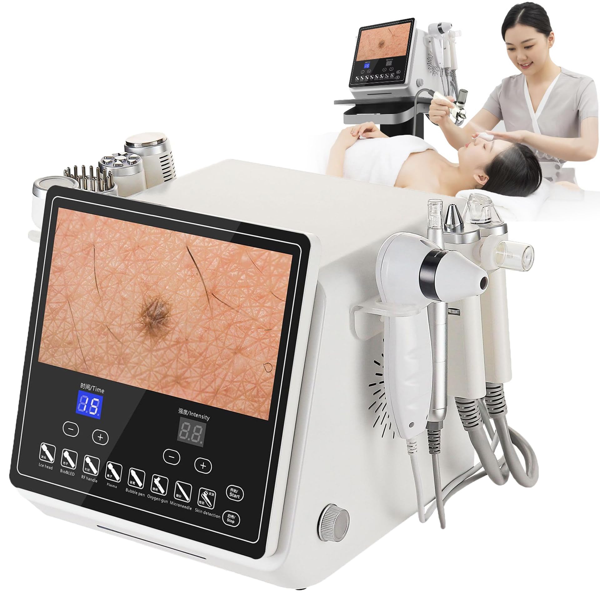 Professional Facial Machine, 8 in 1 Hair Skin Analyzer W/ 8 Massage Heads, 10inch Lcd Touch Screen, Brightening Skin, Hydrating Moisturizing Skin