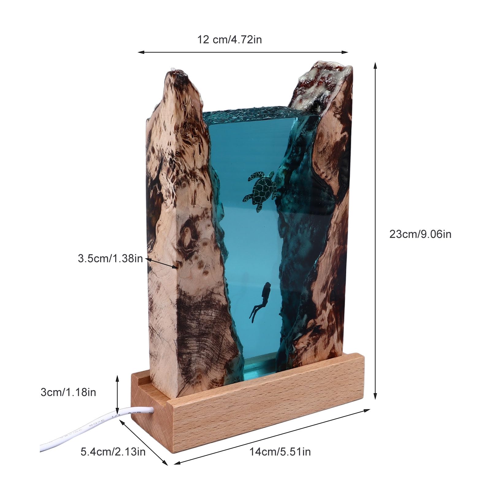 YWBL-WH Luce Notturna in Resina Lampada da Tavolo a LED Oceano Base in Legno Massello Alimentata Tramite USB 5V Design Traslucido a Grotta Bagliore a Risparmio Energetico per Scrivania da Camera da