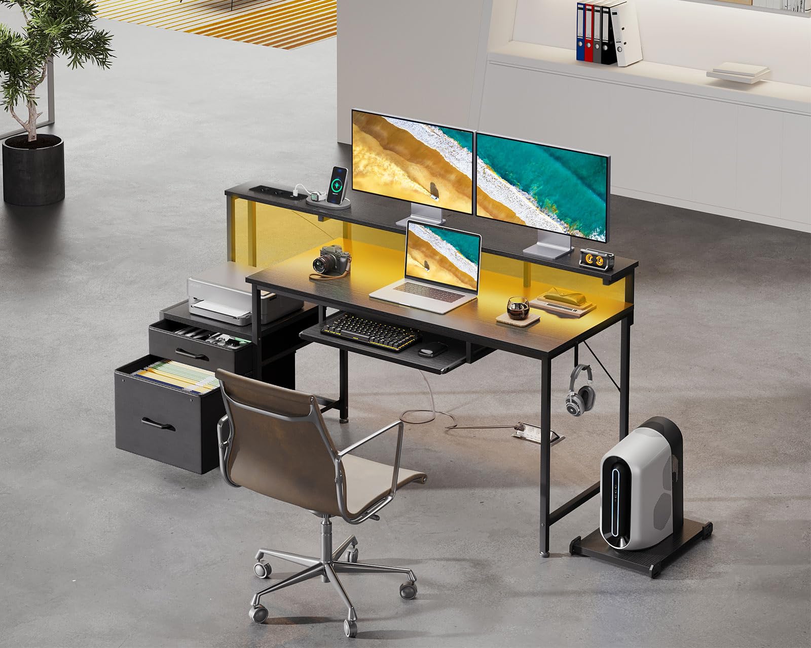 Coleshome Scrivania Gaming con LED e Prese, 140x48cm Scrivania con 2 Cassetti, Tavolo Computer Reversibile con Supporto Monitor e Vassoio per Tastiera Ufficio Casa, Nero