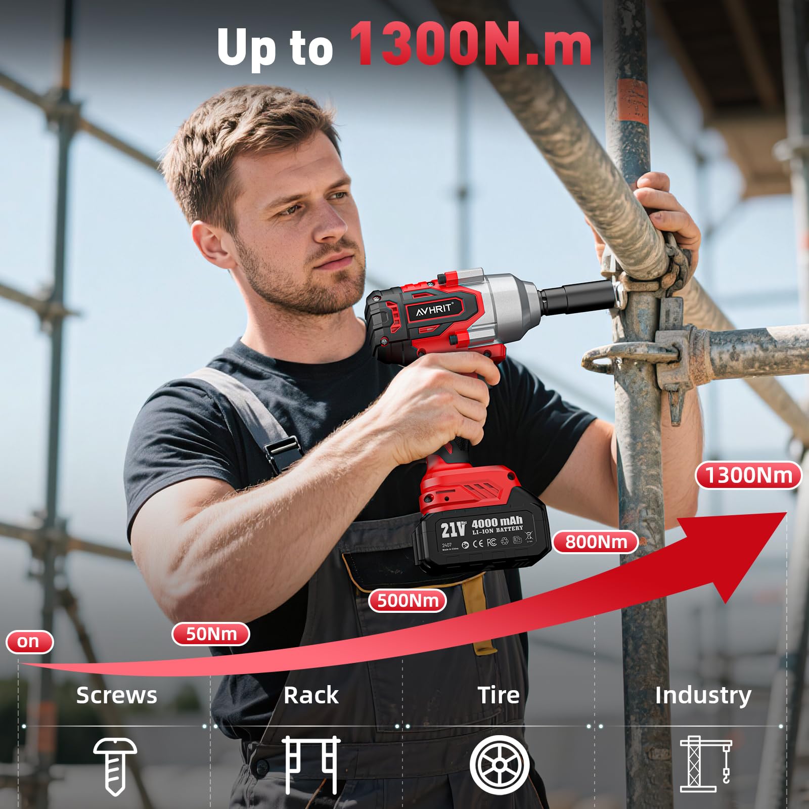 Amazon.com: Avrhit 無繩衝擊扳手1/2 英吋(約1300Nm / 900 英尺(約292.6 公尺)高扭矩衝擊槍,附2 個4.0Ah  電池,5 個插座電動衝擊起子,適用於汽車/卡車RV/割草機: