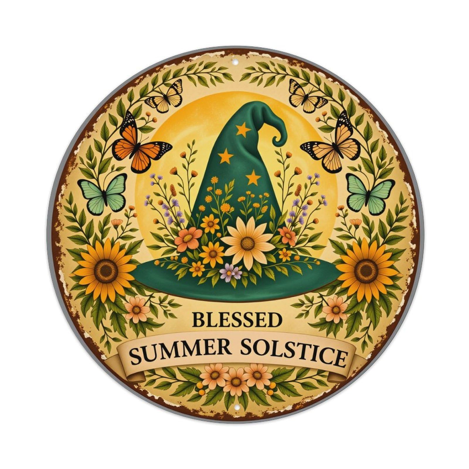Witch Hat Flowers Butterflies Sun Round Tin Sign Vintage Style Metal Sign Home Bar Garden Wall Plaque Decor Metal Poster 8x8 Inch