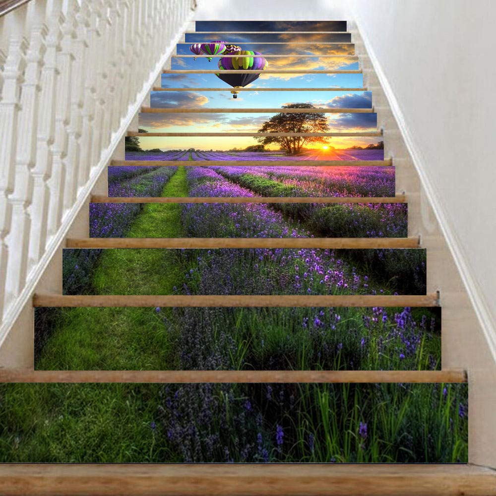 Naklejki Na Schody Mural Samoprzylepne1 Zestaw / 13 Sztuk Lawenda Hot Air Balloon Schody Naklejki Mozaika Trójwymiarowe Naklejki 3D Symulacja Zdejmowana Wodoodporna Naklejki Ścienne Sypialnia Salon Di