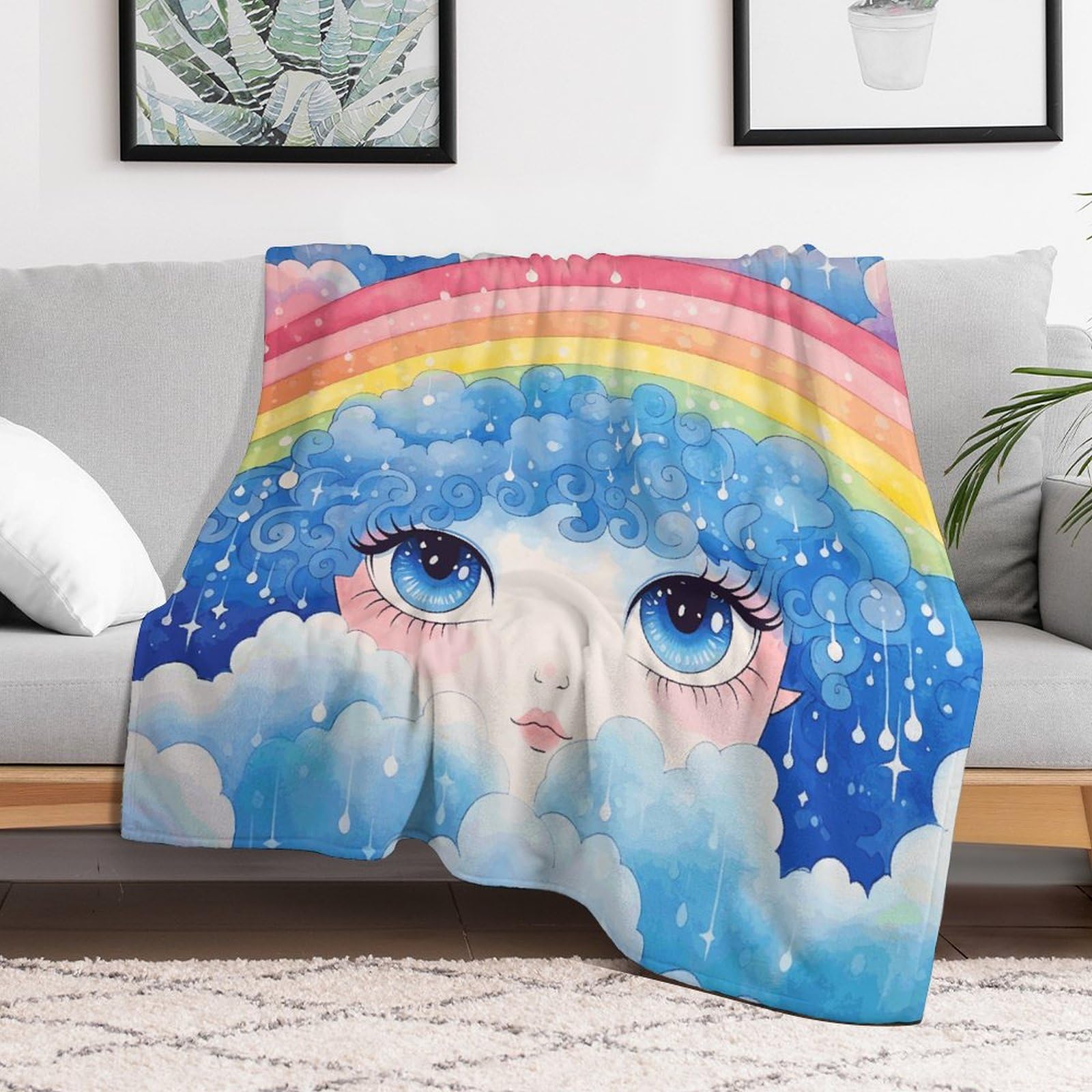 Grande couverture lit en micro polaire haut de gamme motif nuages et yeux doux