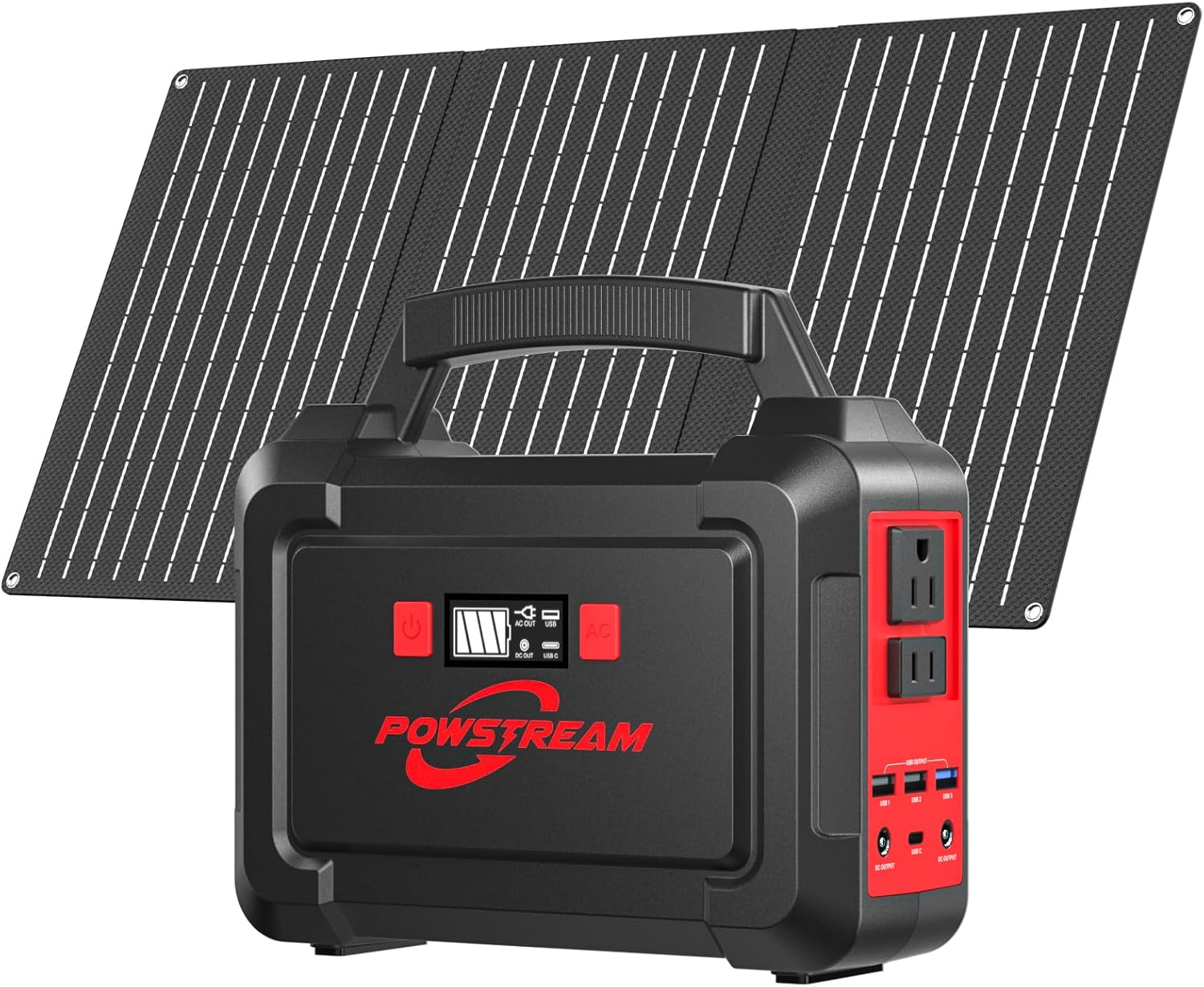 POWSTREAM Solar Powered Generator 167Wh Portable Power Station with Solar Panel 30W Included, 100W Power Bank with AC Outlet QC3.0 for Camping Boat Trip Hunting Outdoor Adventures Emergency Backup