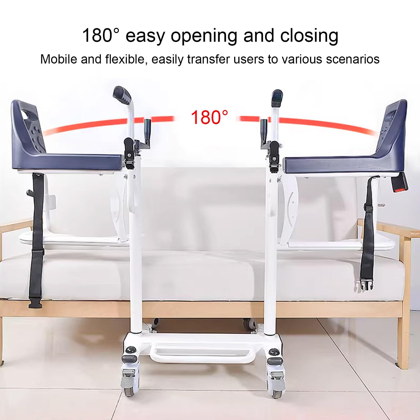 Manueller Patientenlifter mit 180° Geteilter Sitzfläche, Patient Höhenverstellbare Transportrollstuhl für Zuhause, Wohnzimmer, Schlafzimmer, Esszimmer und Badezimmer