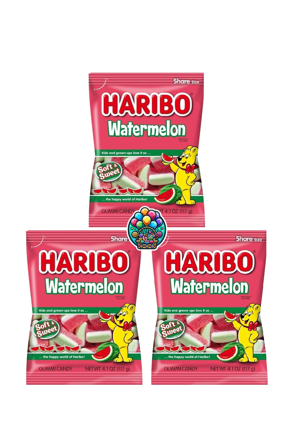 Watermelon Gummi Candy - 4oz. (Pack of 3) Bite-Sized Share Size Peg Bags, Watermelon Flavor for Halloween, Christmas and more in a NikAn Supplies Bag