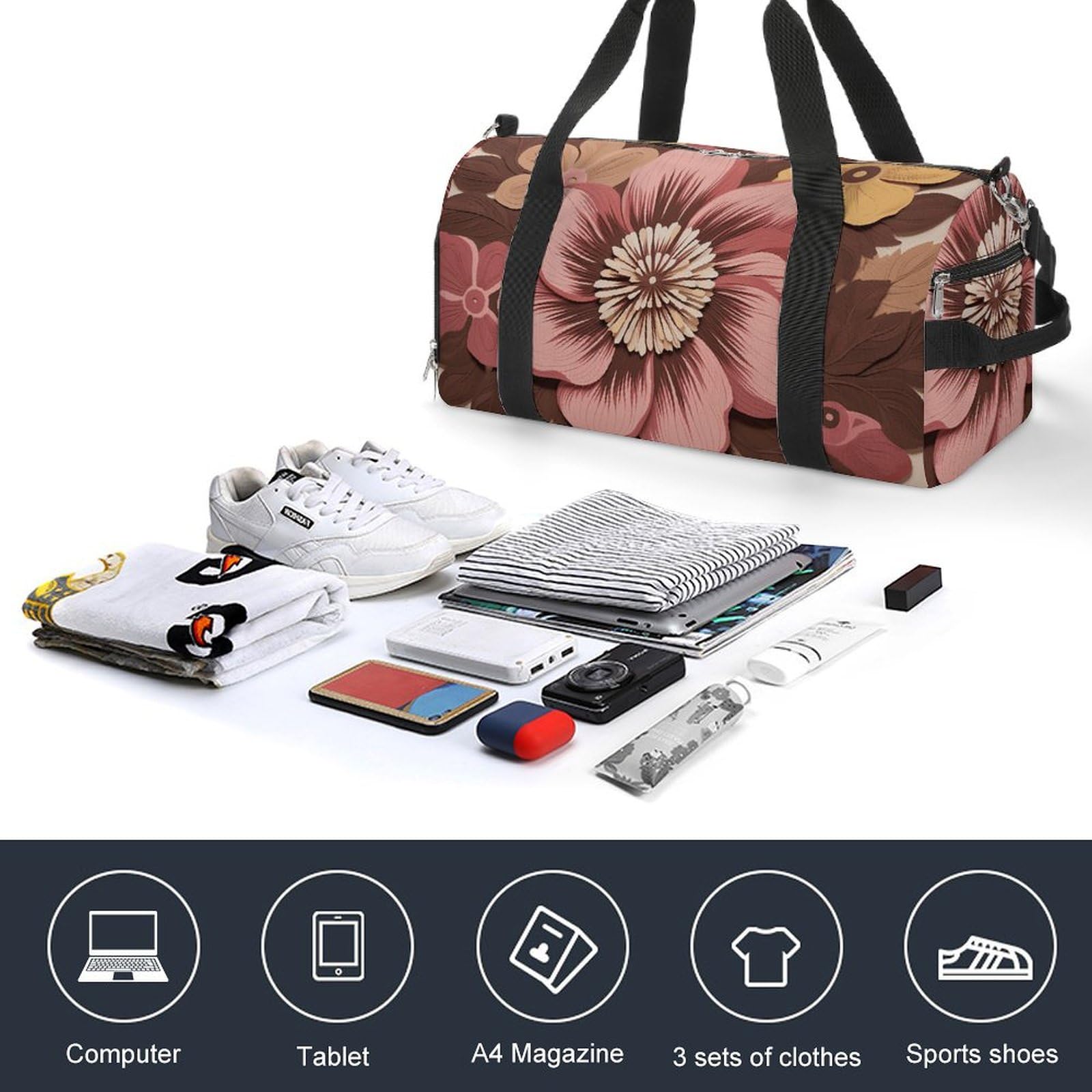 Sporttasche für Damen und Herren, mit Schuh- und Nassfach, Reisetasche, Braun, Blumenmuster, Wochenendtasche, Handgepäcktasche für Schwimmen, Fitness, Workout, Sport, Dufflebag, Stil 3, Einheitsgröße,