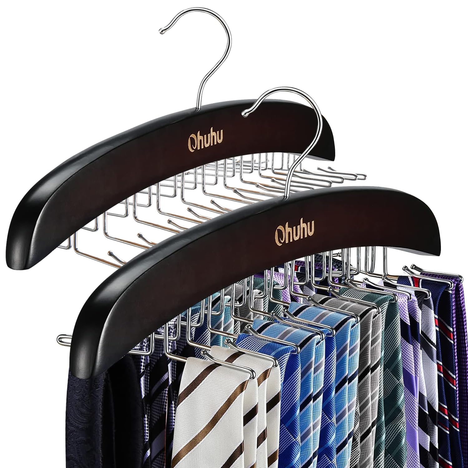 Tie Rack Hanger for Closet: Ohuhu 2 Packs 24 Folding Hooks Tie Hangers for Men Wooden Tie Holder Organizer Space Saving Necktie Storage 360 Degree Rotating Ties Belts Scarves Tank Tops-Walnut