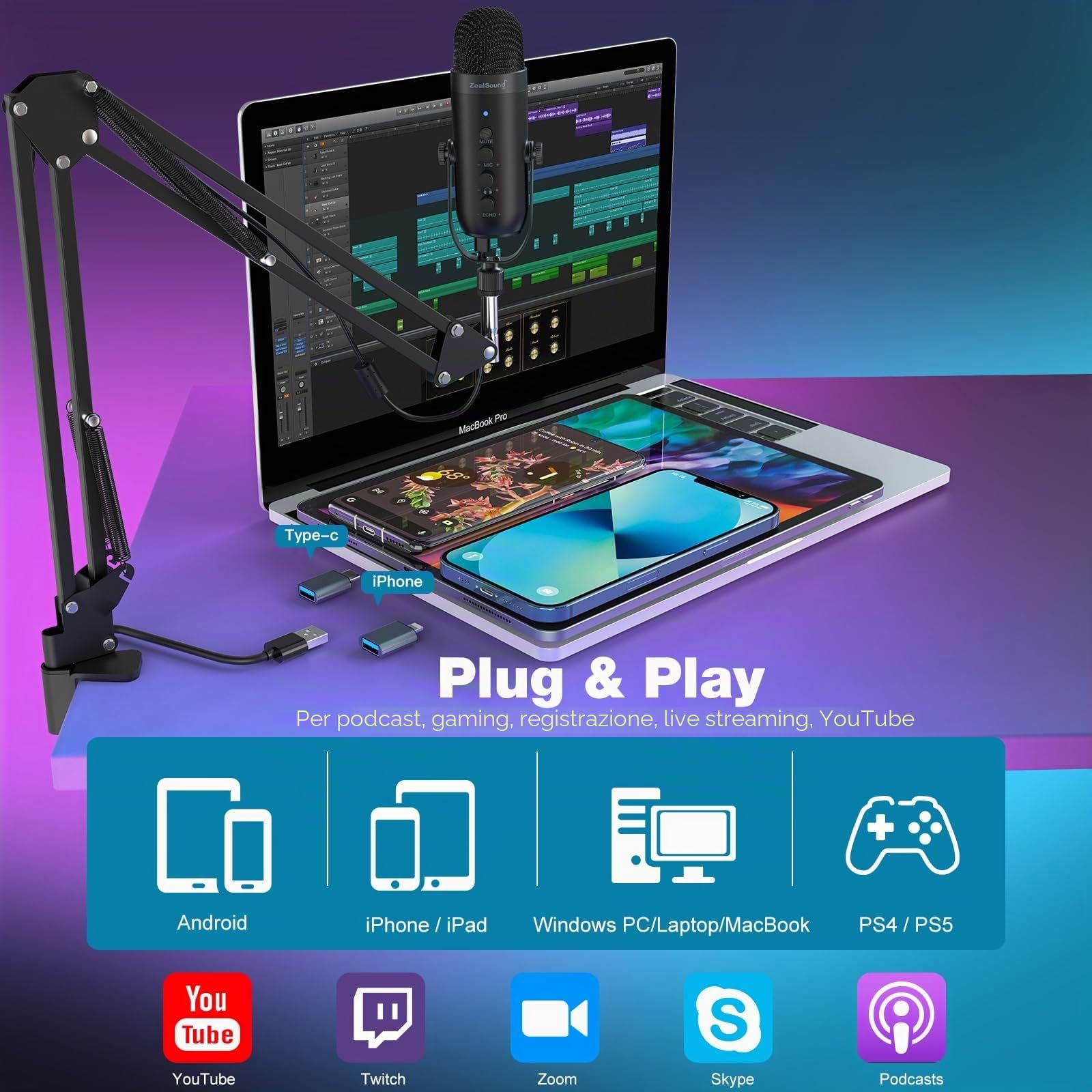 zealsound Microfono USB Kit, Podcasting Condensatore Pacchetto microfono per PC Phone, con adattatore Tipo C, Muto, Guadagno Manopola, Braccio, per Registrazione,TikTok Streaming,Youtube