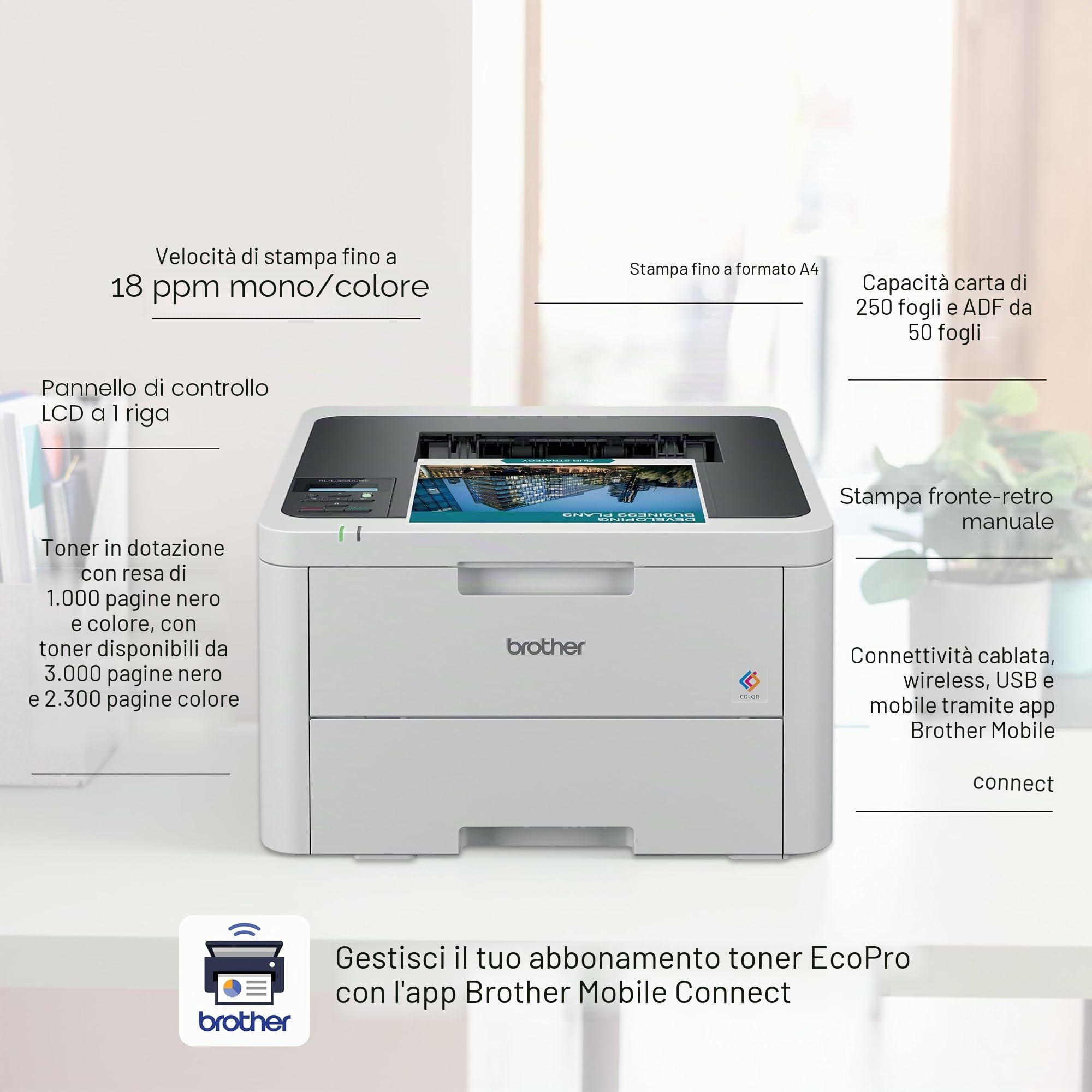 BROTHER HL-L3220CWE Stampante LED wireless a colori con abbonamento EcoPro, funzione singola, USB 2.0, A4, prova gratuita di 4 mesi, consegna automatica del toner, spina UK