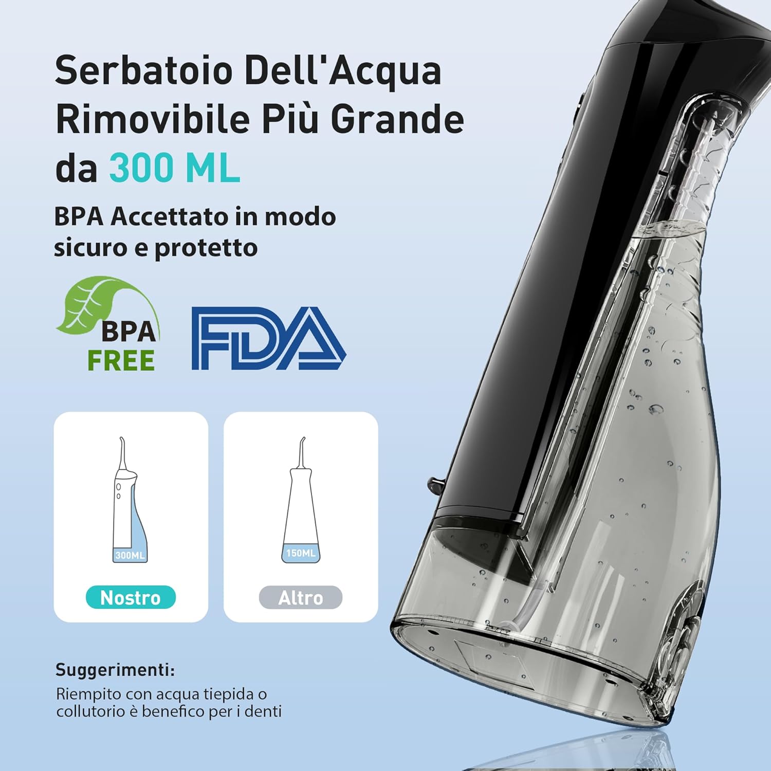 COSLUS Idropulsore Dentale Portatile Senza Fili, 300 ML Irrigatore Idropulsore Ricaricabile Foppio Flusso Impermeabile IPX7 Water Orale Flosser Pulizia Denti Ideale per Viaggi a Casa Nero Chiaro Nero Grigio - Immagine 5