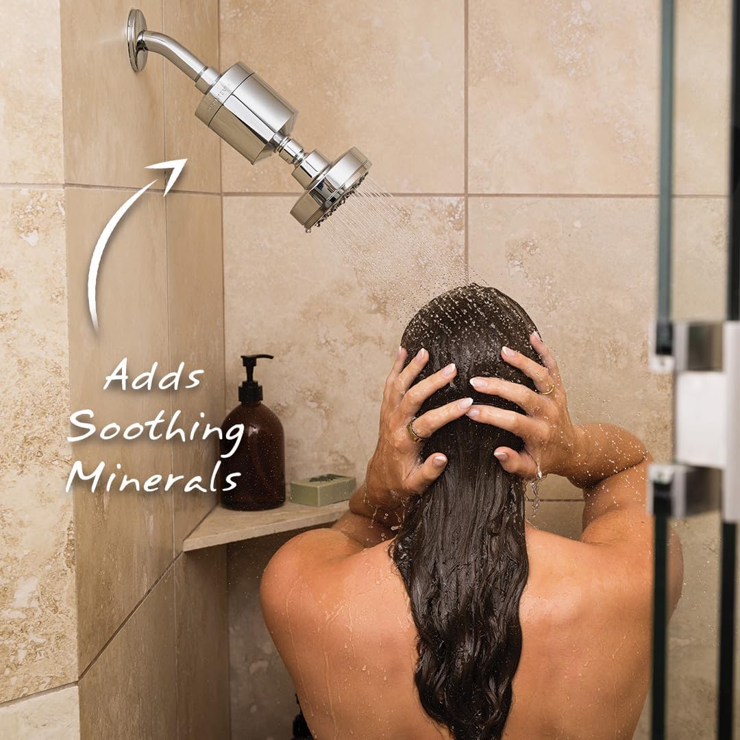 Santevia Refillable Showerhead Filter - Chrome Metal, Universal Fit Shower Head Filter Removes 99% Chlorine & Adds Magnesium for Softer Skin & Hair. Relieves Irritation & Eczema