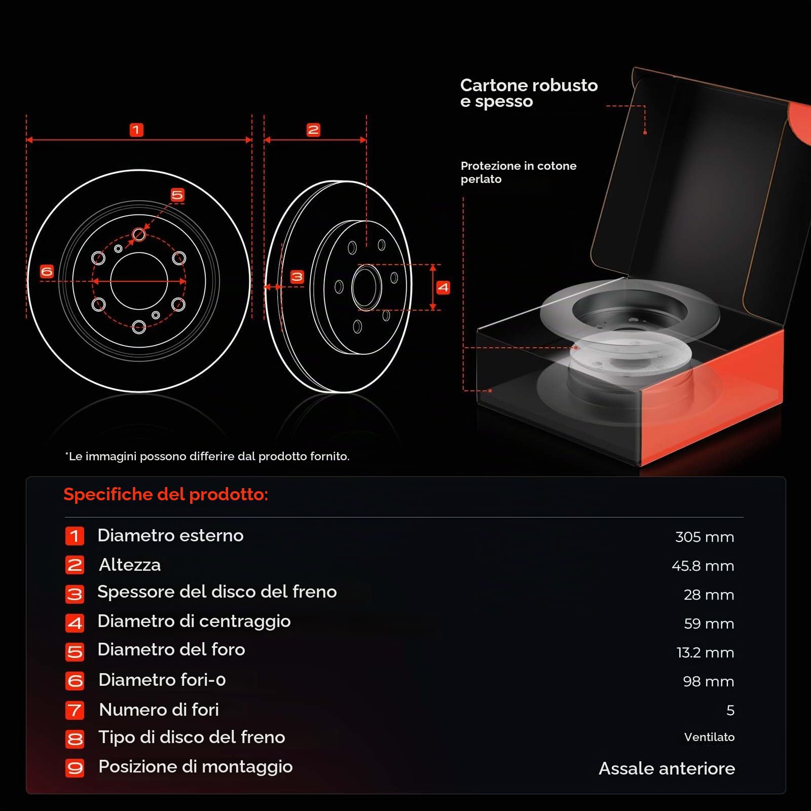Frankberg 2 dischi freno anteriori ventilati ⌀305mm 51914663 51854567 | Compatibile con: Pianale/telaio Doblo 263, 500L 351 352, Doblo Cargo 263, Combo Tour X12, Doblo MPV 263