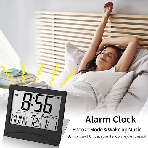 Miniatura 5 de Reloj despertador digital pequeño de viaje, funciona con pilas, reloj despertador portátil de gran número con fecha y temperatura, reloj de