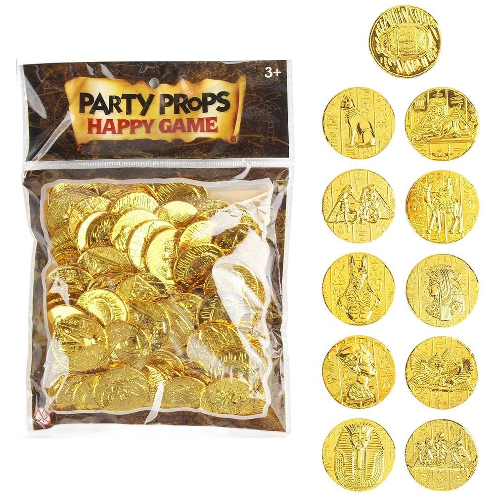 Baokuan 100 Pcs Pirate Coins for Kids, Egyptian Theme Game Coin Set, Coins Toys Fake Coins for Pirate Adventure Themed Event Birthday Party Props
