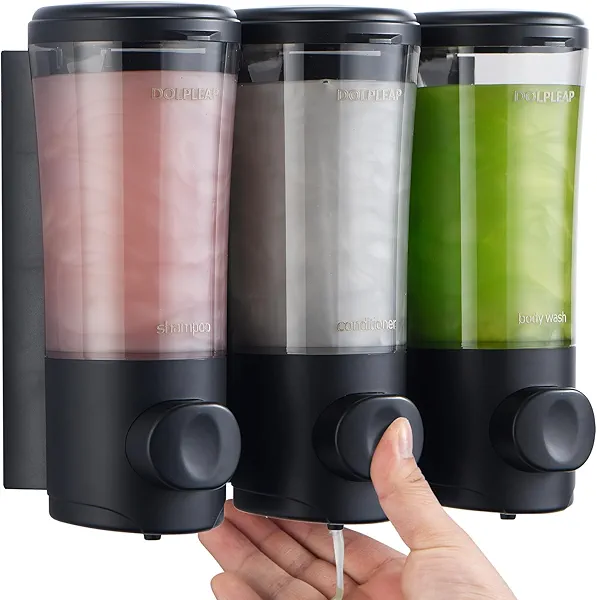 Shampoo Conditioner Body Wash Dispenser No Drill Shower Soap Dispenser Wall Mounted Shampoo Dispenser 3 Chamber with Upgrade Pump Head Bathroom Soap Dispenser 450ml/Each Black