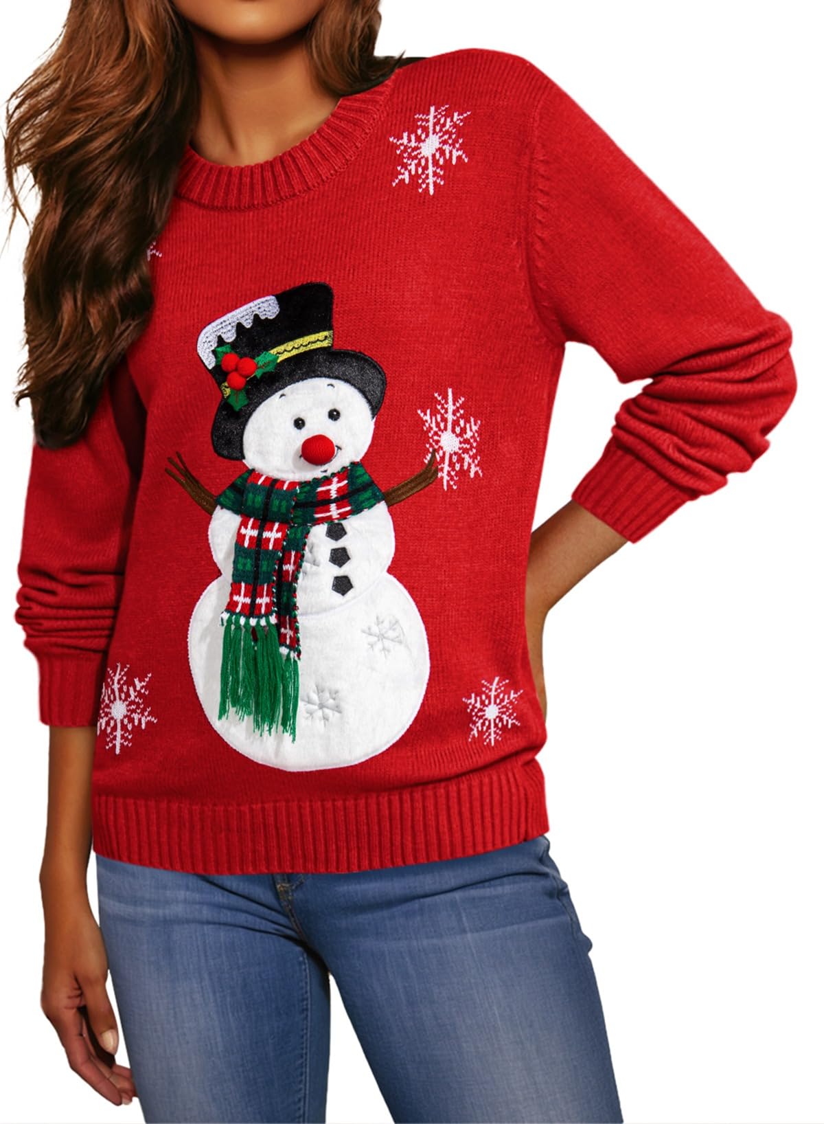 Pink Queen Women's 2025 Ugly Christmas Sweater Long Sleeve Knitted Pullove Xmas Jumpers Tops: Large Dark Red Snowman