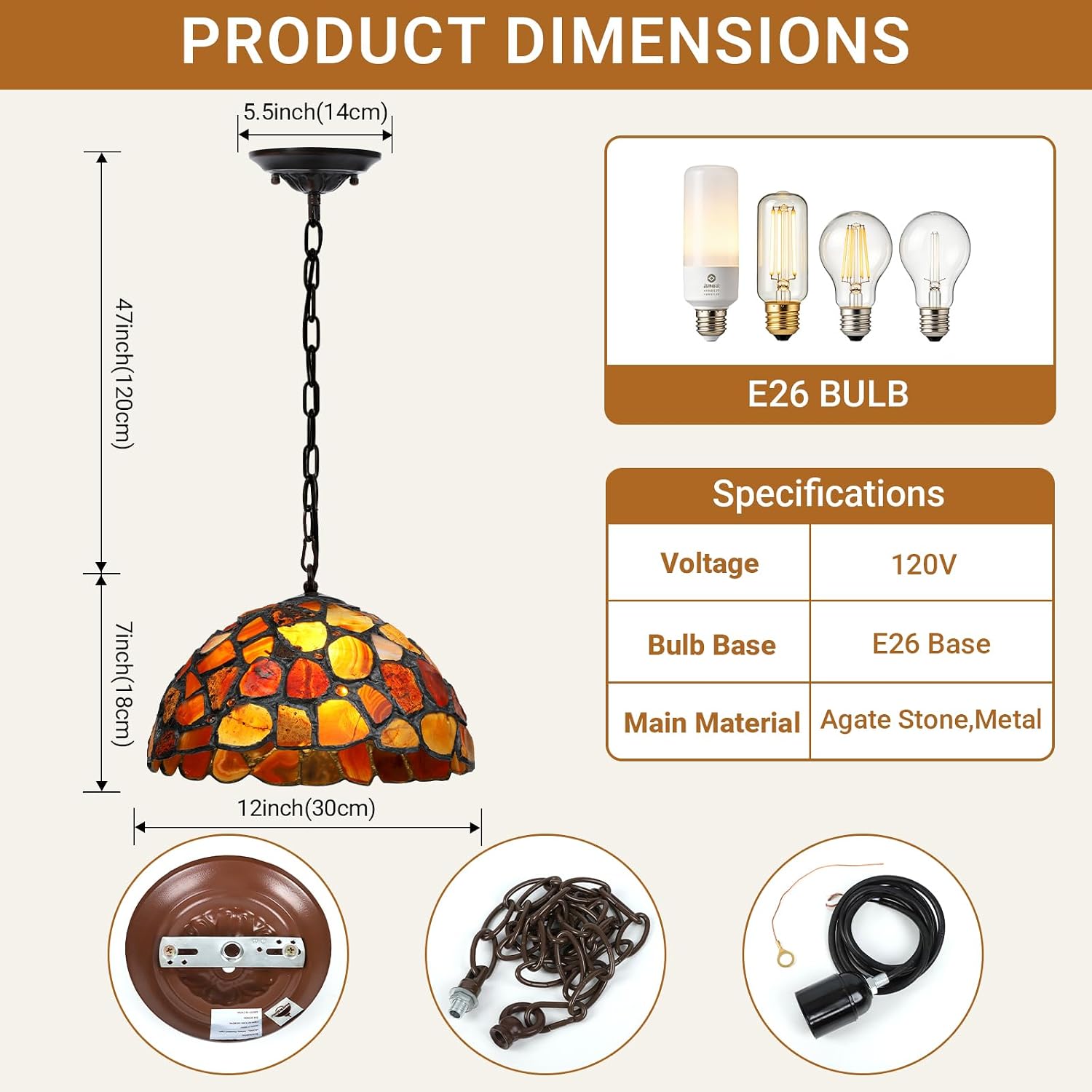 Tiffany Pendant Light Natural Agate Stone Lamp 12inch Dining Room Light Fixture Stained Glass Vintage Chandelier for Kitchen Island Porch Entryway Living Room Bar