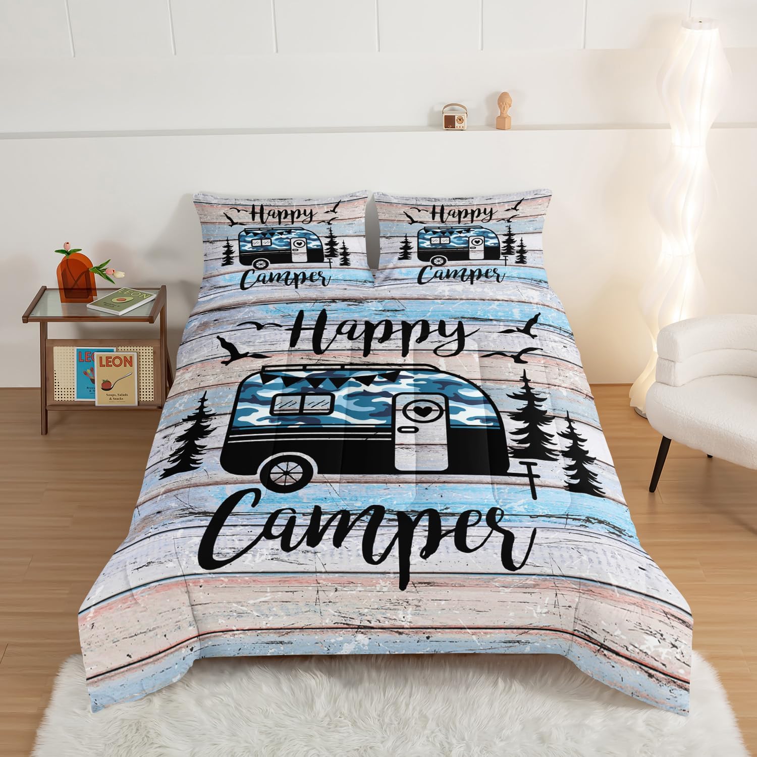 HOSIMA Happy Camping Decor Comforter Set,Camouflage Camper Bedding Twin Size for Kids Teen Girls Boys Room Decor,Camper Accessories for Travel Trailers Themed Bedding with 2 Pillowcases.