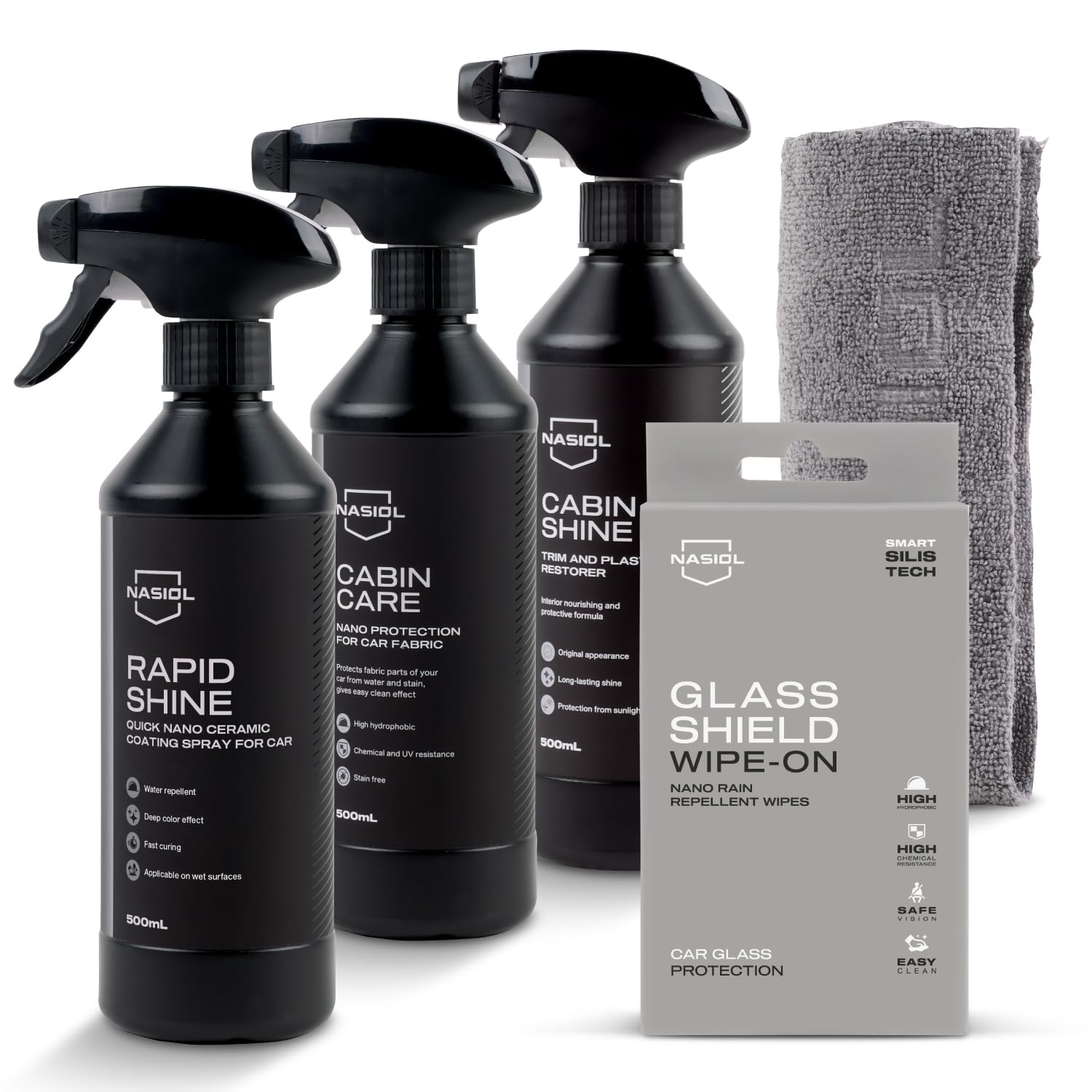 Nasiol Car Nano Protection Package Basic - Advantage Set - Car Care Set (Rain Repellent, Ceramic Coating, Plastic Surface Protection, Fabric Surface Protection, Microfiber Cloth)